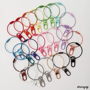 May include: A collection of 20 colorful metal key rings with swivel clasps. The key rings are in various colors, including red, orange, yellow, green, blue, purple, pink, and black. The key rings are arranged in a circle on a white background.