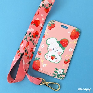 Lanière en forme de lapin aux fraises | Porte-cartes d'identité fraises fruits