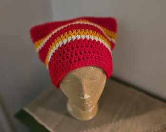 New Item! Kansas Chiefs inspired Cat Hat! KC Chiefs beanie, hat, team beanie, Striped Cat Hat Beanie, Kansas Chiefs NFL team colors Cat Hat!