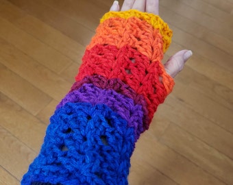 New Item! Fingerless Glove Sale! Rainbow Fingerless Gloves, Bright Wrist Warmers, Handmade Crocheted Rainbow Texting Gloves, Country Goods