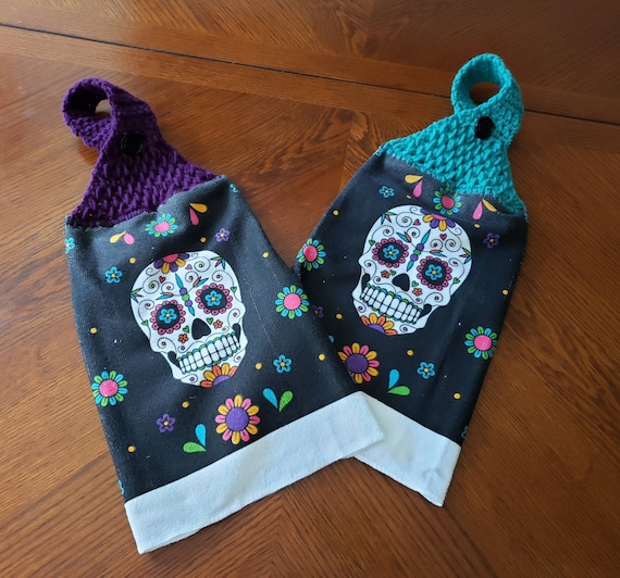 New Item! Hanging Kitchen Towels Deco Cinco de Mayo Day of the Dead Kitchen Towel Topper, Everyday Crochet Top Button-On Kitchen Towel