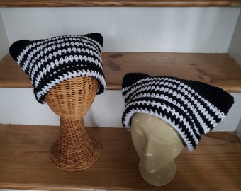 New Item! Black Striped Cat Ear Beanie, Black/White Kitty Hat, Black Striped Cat Hats, Cat Hat, Teen Women Men Hats, More Colors Available