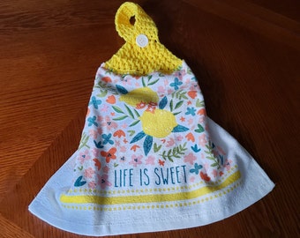 New Item! Hanging Kitchen Towels, Life Is Sweet Hanging Towel Topper Sale, Kitchen Lemon Floral Crochet Top Button-on Kitchen Topper Sale!