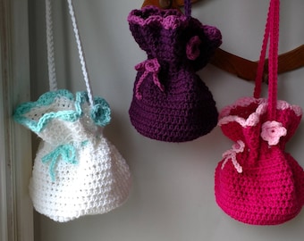 Crochet Drawstring Bag, Handmade Coin Purse, Knitted Pouch, Gift Bag