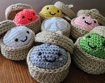Crocheted Dumpling and Steamer Plush Toy, Amigurumi Stress Ball