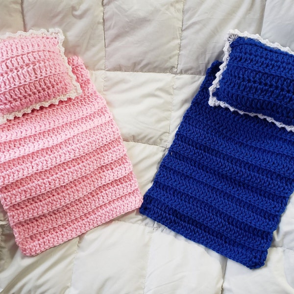 New Item! Doll Blanket and Pillow Set, Barbie Doll Blanket and Pillow Set, Handmade Crocheted Doll Set, Super Fun Doll Blanket Sale!