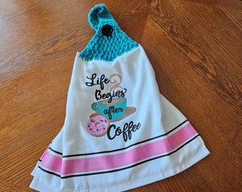 New Item! Hanging Kitchen Towels, Life Begins after Coffee Hanging Towel Topper Sale! Crochet Top Button-On Kitchen Towel, Vintage Home Deco