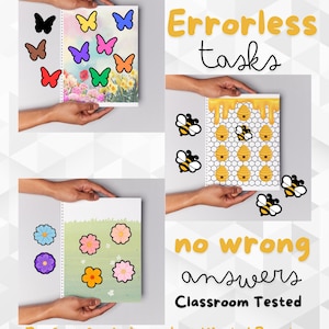 May include: A set of three notebooks with colorful illustrations and the text "Errorless tasks" and "no wrong answers". The notebooks feature butterfly, bee, and flower designs. The text "Classroom Tested" and "PDF Download" are also visible.
