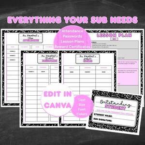 May include: A collection of pink and black templates for classroom use. The templates include attendance sheets, password logs, lesson plans, and reward certificates. The text "TEMPLATES" is in large pink letters at the top. A circle with the text "EDIT IN CANVA" is in the lower left.