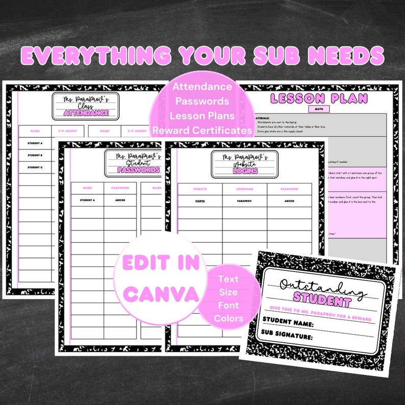May include: A collection of pink and black templates for classroom use. The templates include attendance sheets, password logs, lesson plans, and reward certificates. The text "TEMPLATES" is in large pink letters at the top. A circle with the text "EDIT IN CANVA" is in the lower left.
