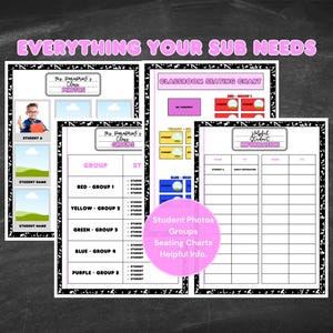 May include: A collection of classroom templates with a black and white border. The templates include student photos, seating charts, and helpful information. The text "TEMPLATES" is in large pink letters. The image also includes the text "EDIT IN CANVA".