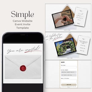 May include: A digital event invitation template displayed on a smartphone and in multiple layouts. The design features a white envelope with a red wax seal, cursive text reading You are invited, and sections for RSVP, event details, and photo galleries.
