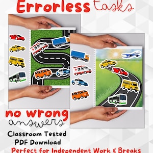 May include: Two sheets of paper held by hands, featuring colorful illustrations of vehicles on roads. The text "Errorless tasks" and "no wrong answers" are visible. The sheets are labeled "Classroom Tested PDF Download".