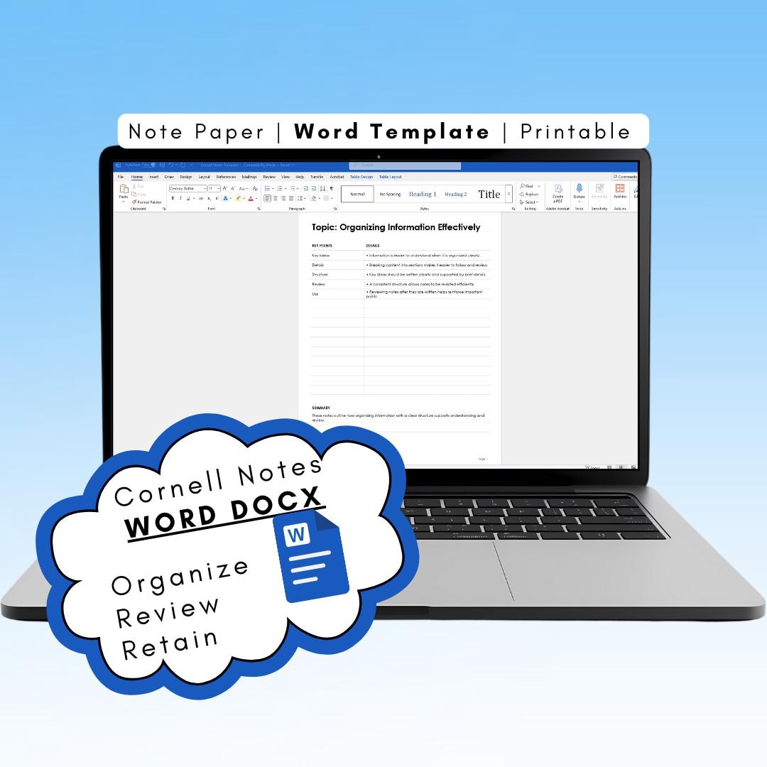 Cornell Notes Template for Microsoft Word Printable Study Organizer