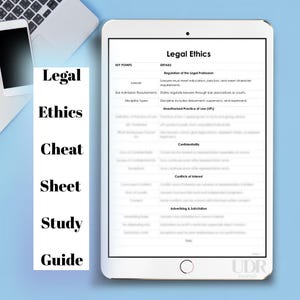 Può includere: Un tablet bianco mostra "Legal Ethics" e dettagli sull'etica legale. Un banner verticale bianco a sinistra recita "Legal Ethics Cheat Sheet Study Guide". Un laptop e un telefono sono sullo sfondo.