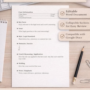 May include: A case brief template for legal studies, law school, and paralegals. The document includes sections for case information, key facts, issue, rule, elements, court reasoning, holding, and notes. The template is an editable Word document with collapsible sections and is compatible with Google Docs.