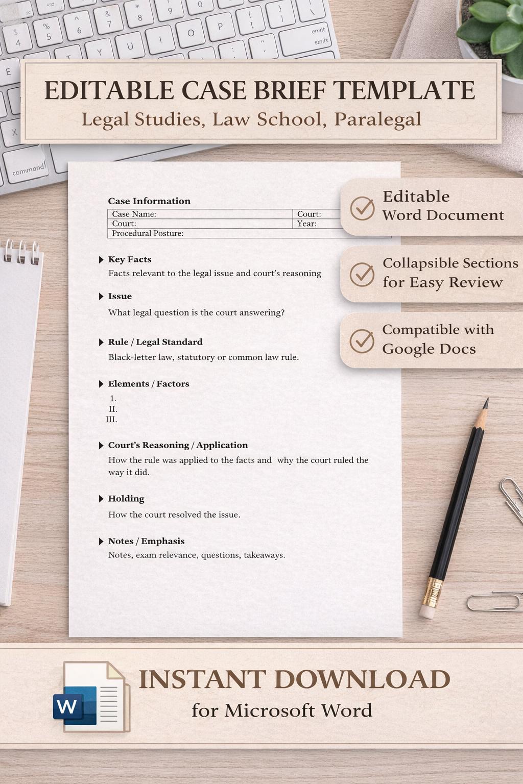 Editable Case Brief Template | Law School, Legal Studies (word & Google ...