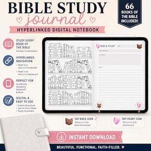 May include: A digital Bible study journal displayed on a tablet screen, featuring a bookshelf layout with 66 books of the Bible, hyperlinked navigation icons, and a lined note-taking page. A white tablet cover with a cross emblem is shown below.