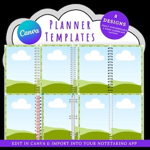 Planificador digital horizontal / 6 estilos / Espiral y carpeta / Plantilla de planificador Canva con pestañas con hipervínculos