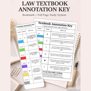 May include: A law textbook annotation key with a bookmark and full-page study system. The key includes a visual system for cases, rules, and exams. The image shows a smartphone and a printed sheet with categories, symbols, and explanations.