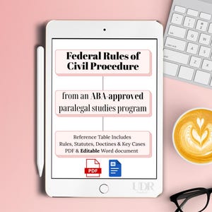 May include: A white tablet displaying the text Federal Rules of Civil Procedure from an ABA-approved paralegal studies program, with a reference table including rules, statutes, doctrines, key cases, and PDF and Word document icons.