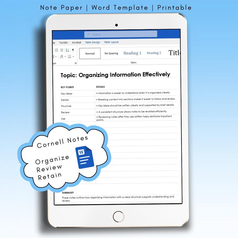 Cornell Notes Template for Microsoft Word | Printable Study Organizer ...