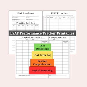 May include: A collection of printable LSAT performance trackers. The image shows a dashboard, error log, and practice test log. The image also includes a visual guide with the text "LSAT Dashboard", "LSAT Error Log", "Reading Comprehension", and "Logical Reasoning".