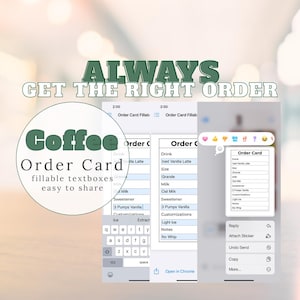 Peut inclure: Capture d'écran d'un smartphone affichant une commande de café numérique. La carte propose des options de personnalisation de la boisson, telles que la taille, le lait et le sucre. Le texte "ALWAYS GET THE RIGHT ORDER" est visible.
