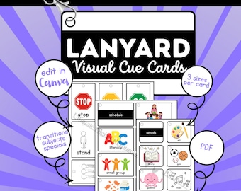 May include: A lanyard with visual cue cards for students on the autism spectrum. The cards include words and images for stop, schedule, specials, stand, literacy, small group, and snack. The text "LANYARD Visual Cue Cards" is at the top.