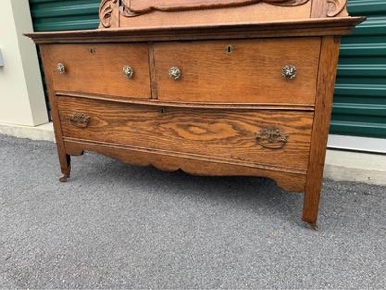 Antique Oak Low Boy Dresser & Mirror Fancy Ornate Farmhouse Etsy