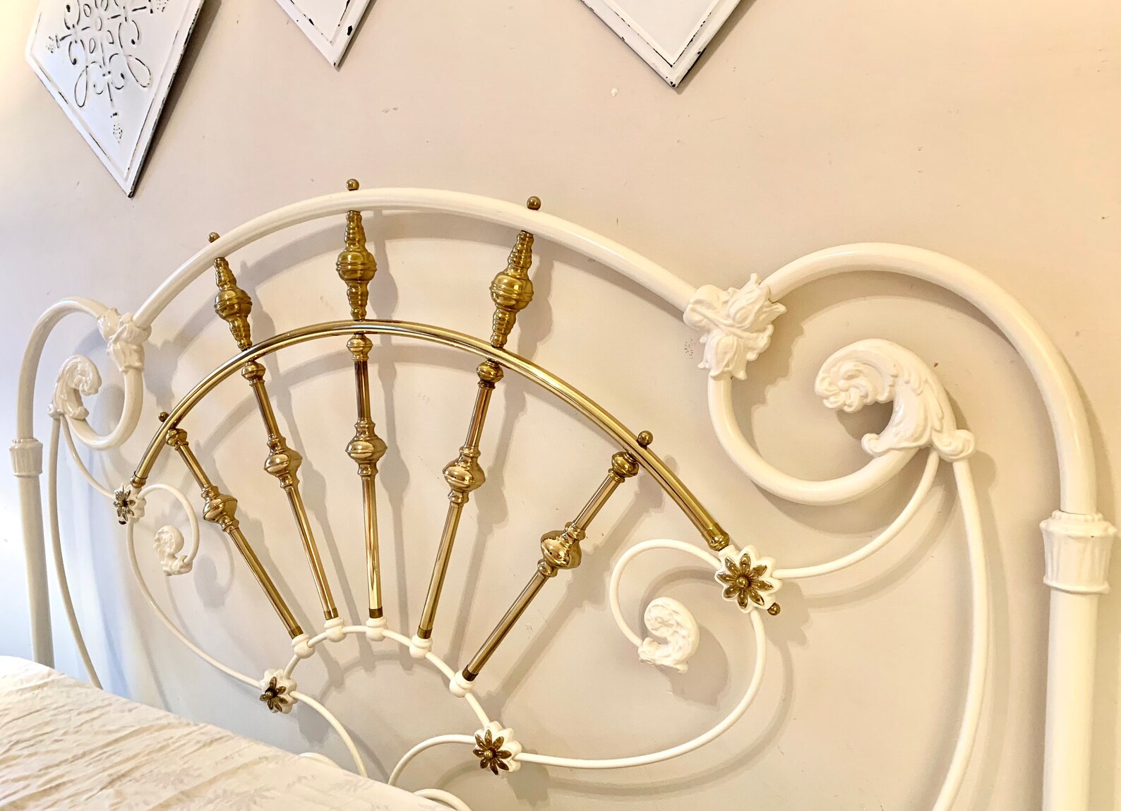Vintage Queen Size off White Cast Iron & Brass Headboard Etsy