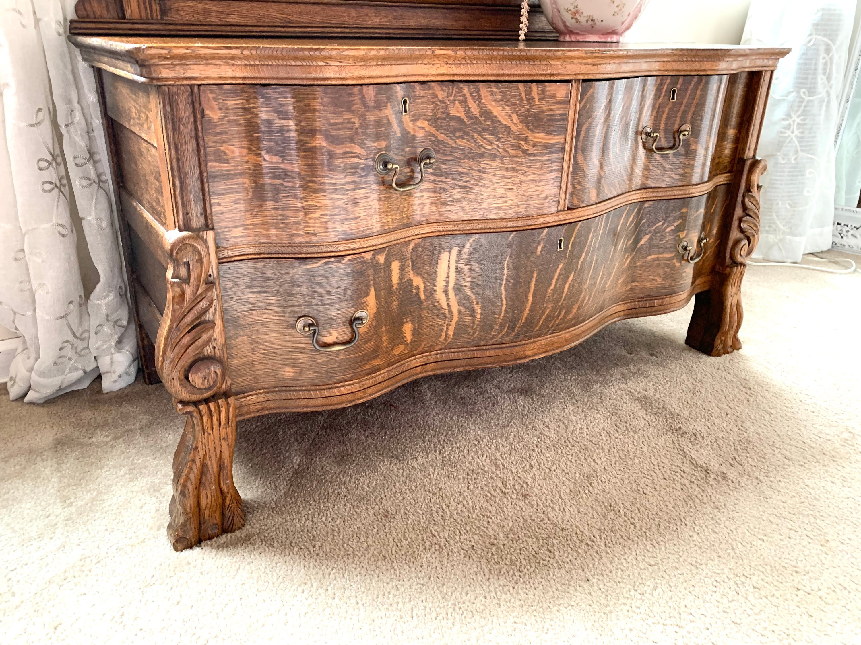Antique serpentine sale dresser with mirror