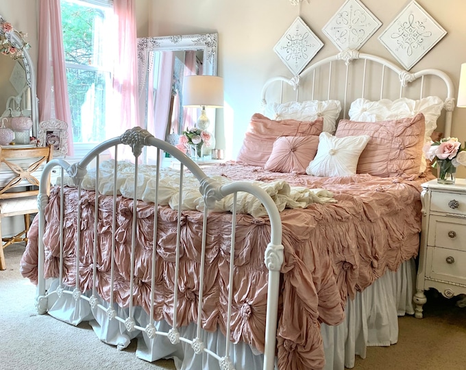 Queen Size Antique Inspired Cast Iron Wrought Iron White Fancy Ornate ...