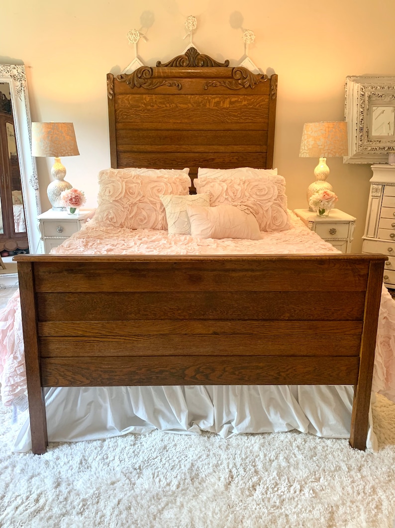 Antique Tiger Oak Queen Size Fancy Farmhouse Bed Frame French Country ...