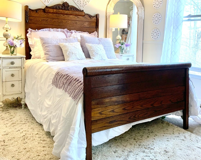 Antique Farmhouse French Country Queen Size Oak Farmhouse Rolled Top