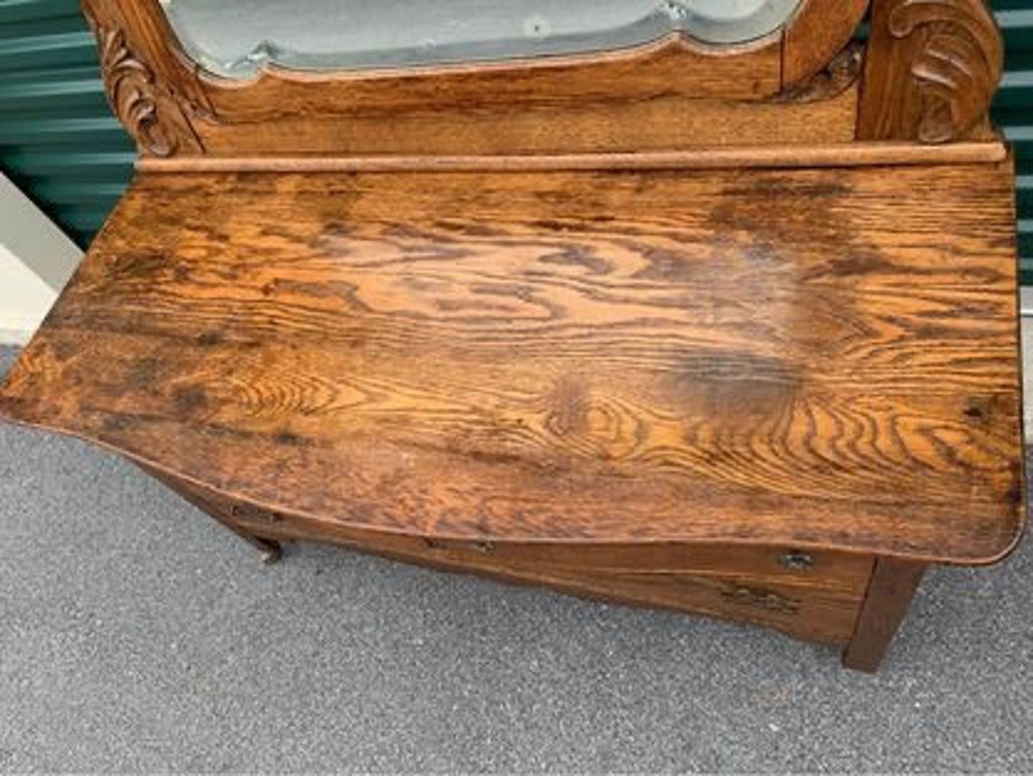 Antique Oak Low Boy Dresser & Mirror Fancy Ornate Farmhouse Etsy