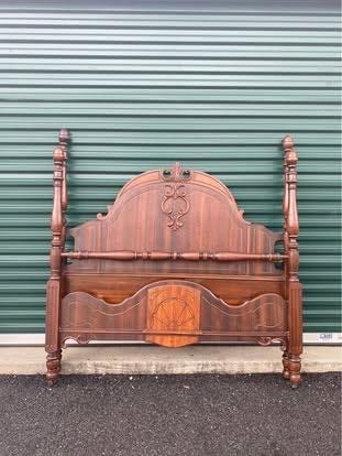 Antique Dark Wood Jacobean Four Poster Queen Size Bed Frame