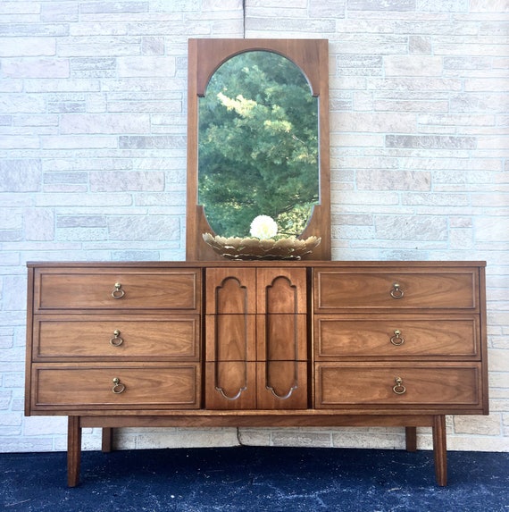 Dixe Mid Century Modern Walnut Dresser Mirror Buffet Tv Etsy