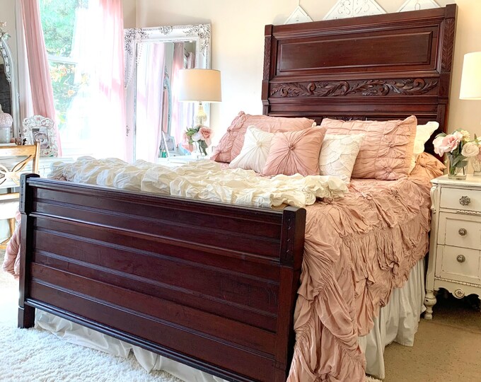 Antique Queen Size Mahogany Hand Carved Bed Frame Fancy Ornate Etsy
