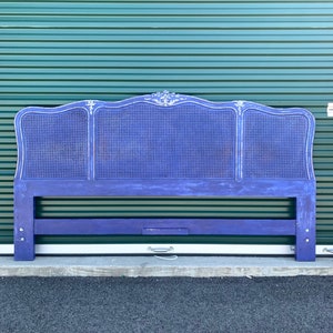 French Provincial French Country Blue Distressed Boho Chic King Size Headboard Bohemian Cobalt Blue