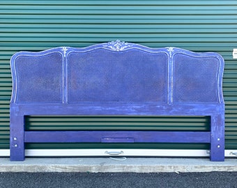 French Provincial French Country Blue Distressed Boho Chic King Size Headboard Bohemian Cobalt Blue