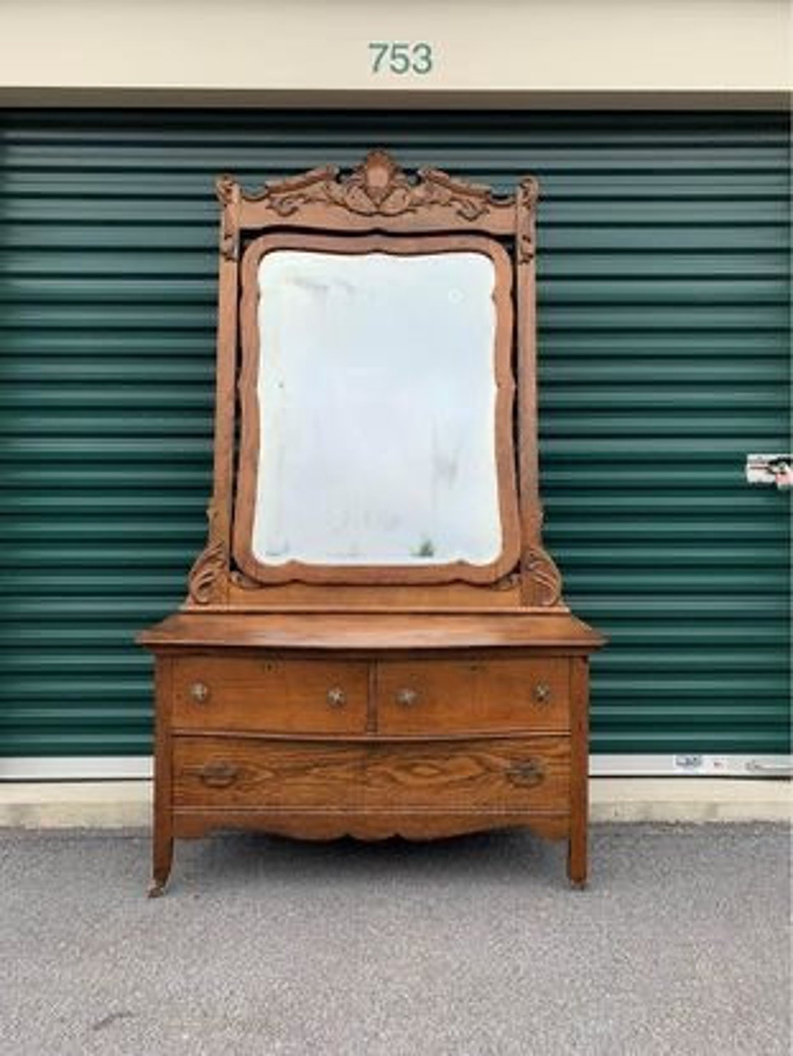 Antique Oak Low Boy Dresser & Mirror Fancy Ornate Farmhouse Etsy