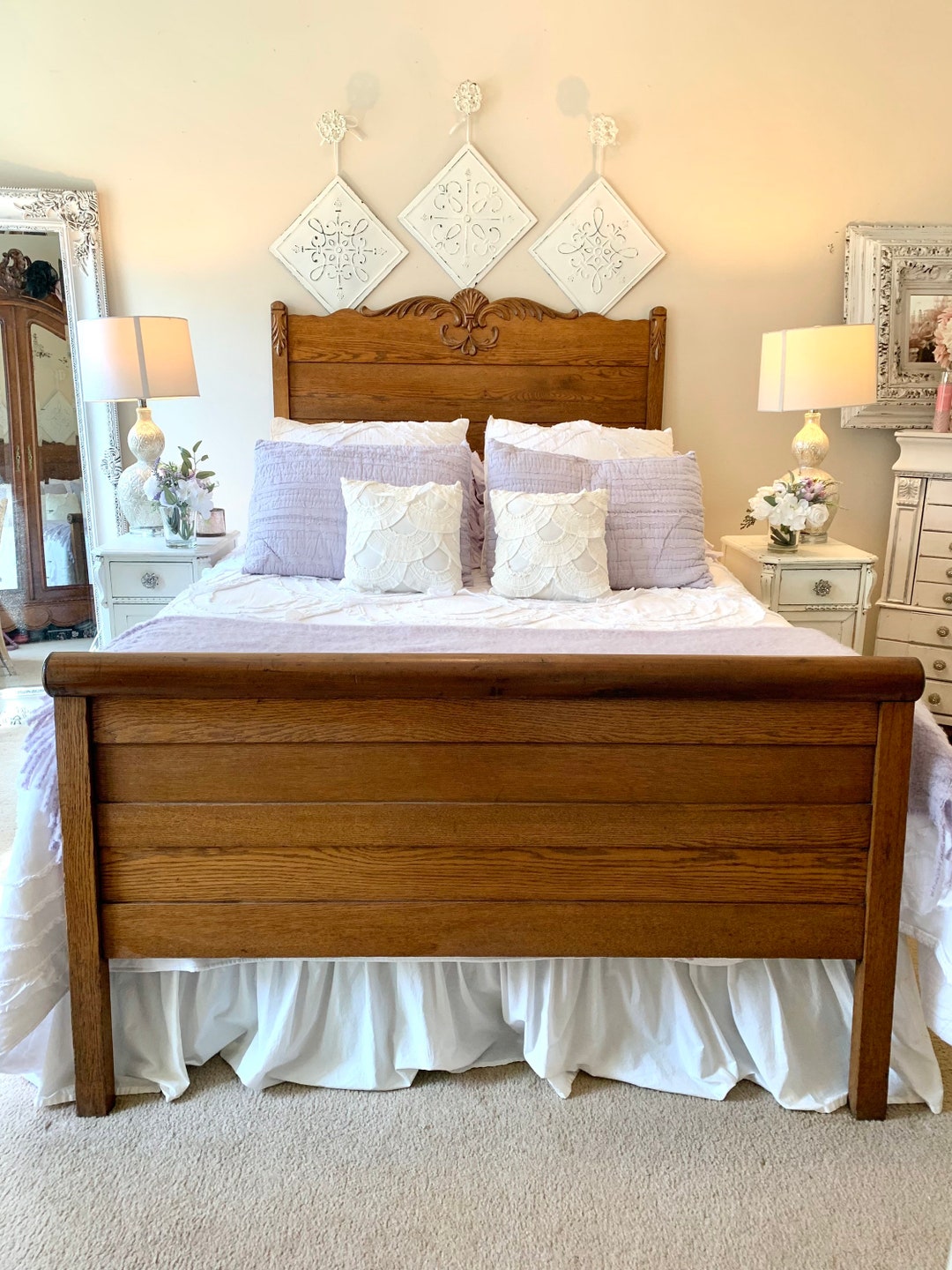 Antique Queen Size Oak Bed Frame Farmhouse French Country Hand Carved