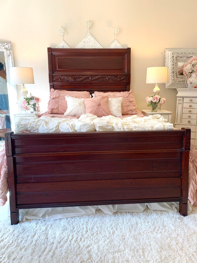 Antique Queen Size Mahogany Hand Carved Bed Frame Fancy Ornate Etsy