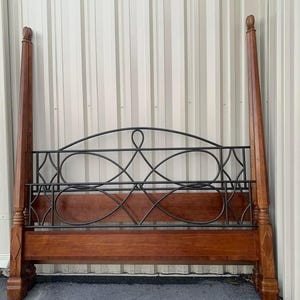 Four Poster King Size or California King Size Cherry Wood and Wrought Iron Bed Frame with Argyle Pattern