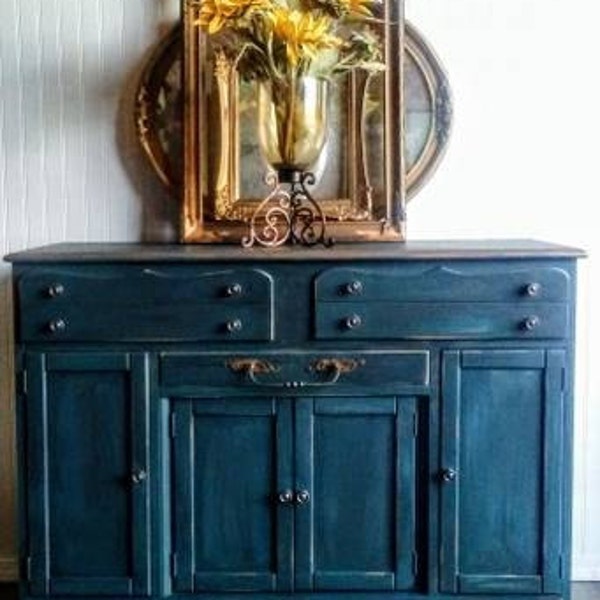 Sold!!Teal Blue Antiqued Glazed Painted Solid Wood Buffet Sideboard TV Console Credenza Bathroom Vanity Kitchen Island