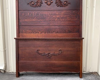 Antike Tiger-Eiche Queen-Size-Fancy Verzierter Bettrahmen-französisches Land Shabby-Chic