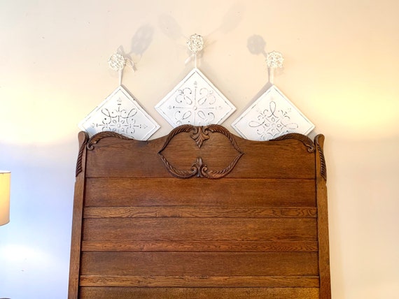 Antique Queen Size Dark Wood Oak Farmhouse Bed Frame French