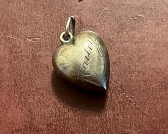 Engraved Hailey vintage 1940&#39;s sterling silver puffy heart sweetheart charm or necklace pendant love token