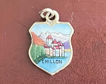 Chillon castle switzerland vintage 800 silver enamel travel shield charm or necklace pendant souvenir